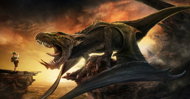 Man dragon cliff woman standing free wallpaper - medium preview image