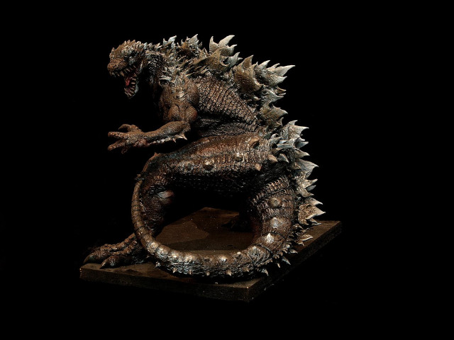 Godzilla statue wooden base black free wallpaper - medium preview image