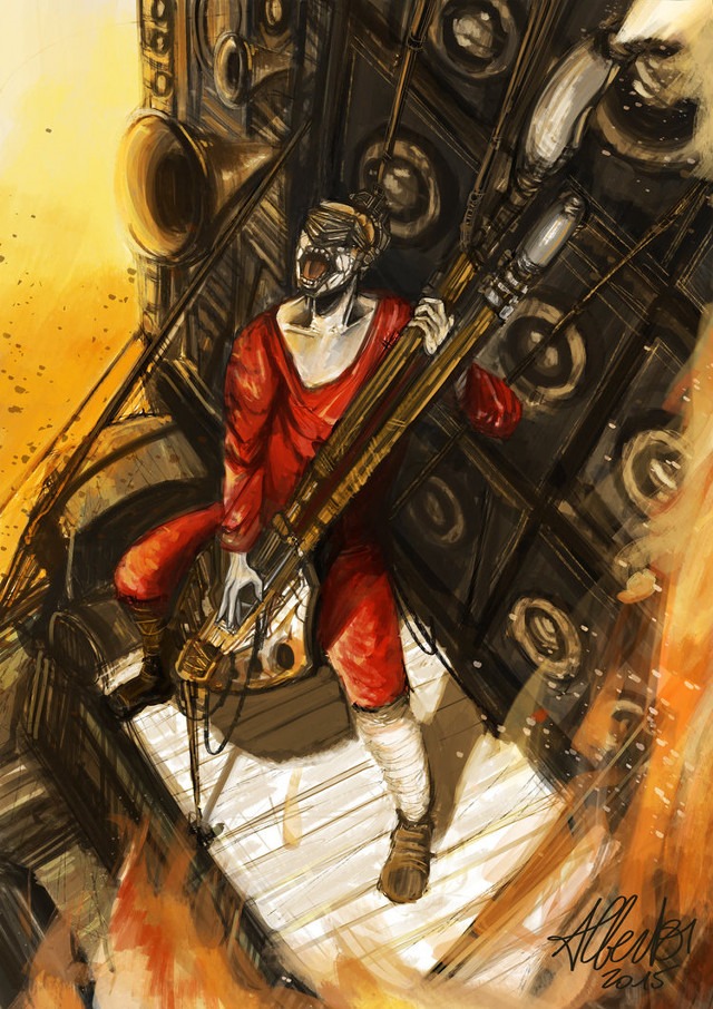 Man guitar fire building painting #2 free wallpaper - medium preview image