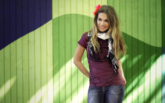 Woman green wall red flower free wallpaper - medium preview image