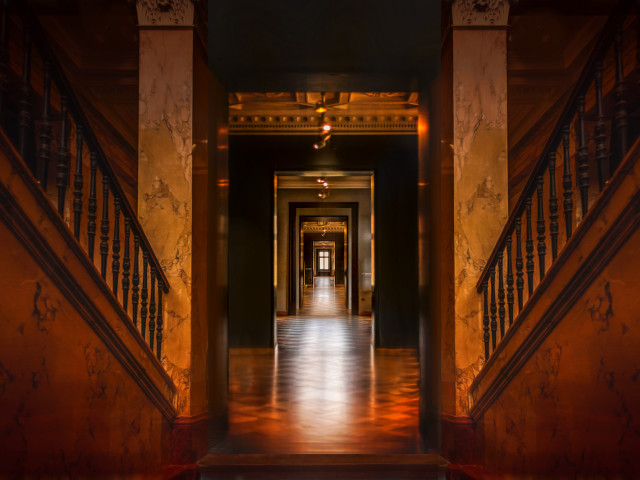 Long hallway wooden railing clock free wallpaper - medium preview image