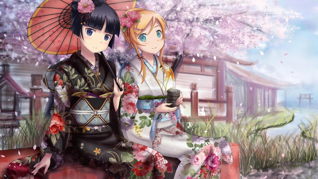 Two women bench tree flowers free wallpaper - medium preview image