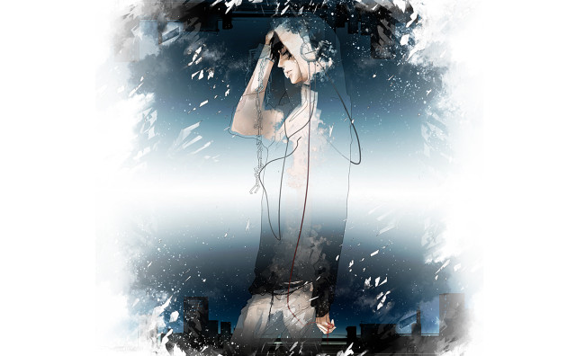 Woman microphone city snow falling free wallpaper - medium preview image