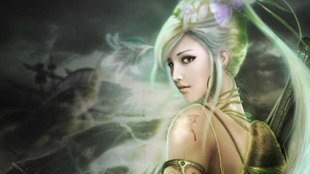 Woman green hair green dress free wallpaper - medium preview image