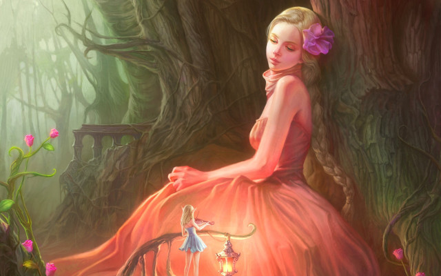 Woman red dress bench forest #2 free wallpaper - medium preview image