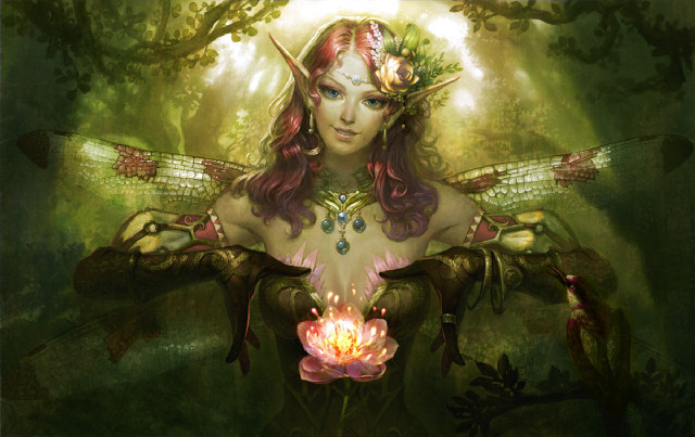 Woman dragon flower forest fantasy free wallpaper - medium preview image