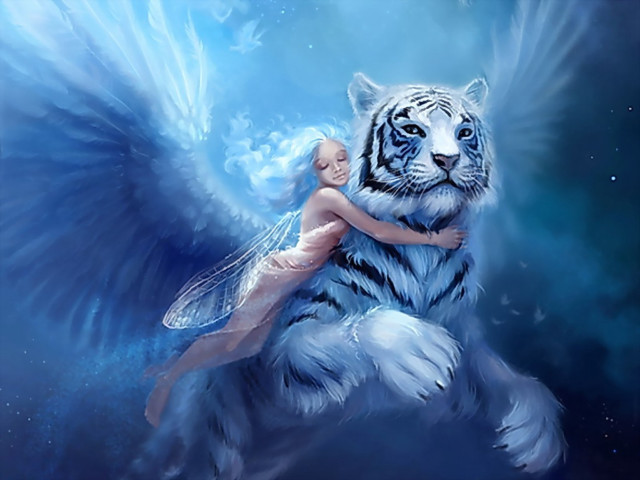 Woman hugging tiger with wings free wallpaper - medium preview image