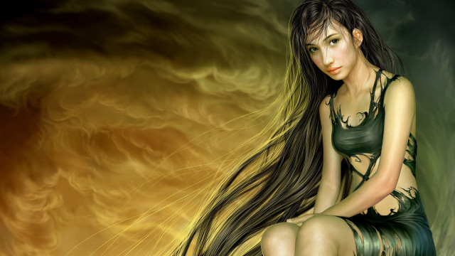 Woman long hair sitting rock free wallpaper - medium preview image
