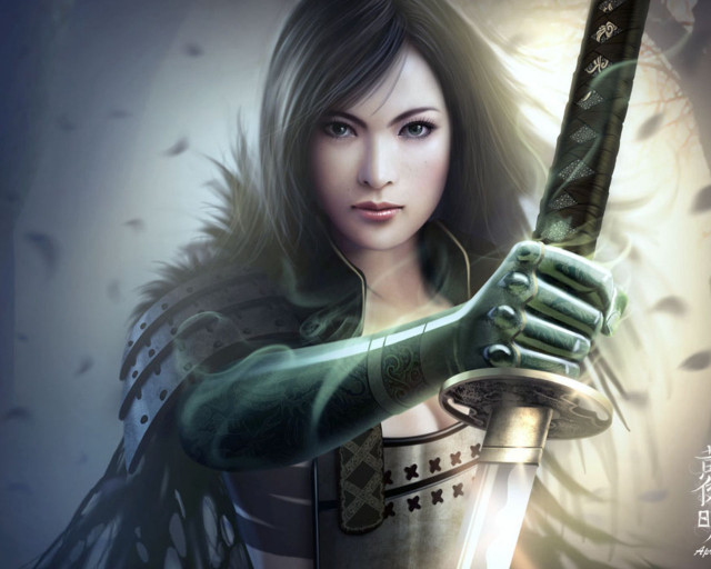 Woman sword green outfit wings free wallpaper - medium preview image
