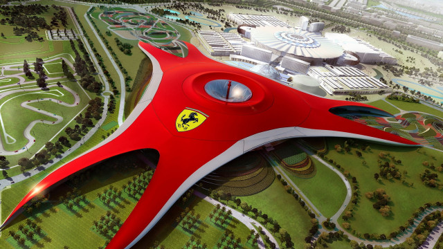 Red futuristic building ferrari logo free wallpaper - medium preview image