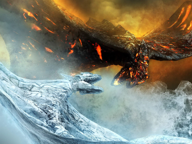 Dragon battle mountain lava fire free wallpaper - medium preview image