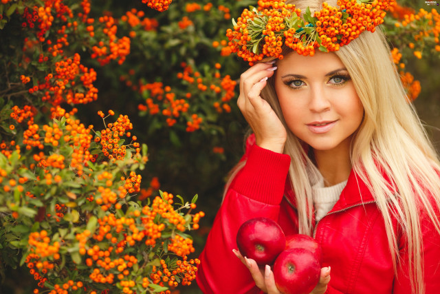 Woman red jacket holding apples free wallpaper - medium preview image