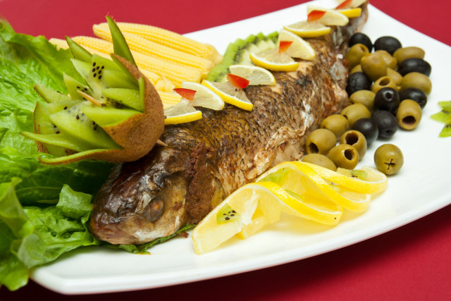 Fish plate olives corn vegetables free wallpaper - medium preview image