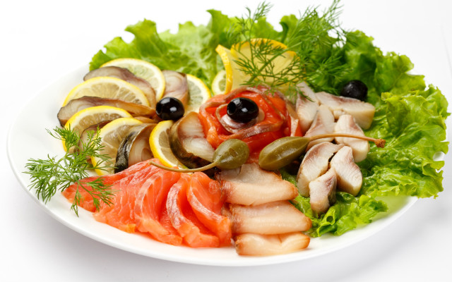 Fish vegetables white plate fork free wallpaper - medium preview image