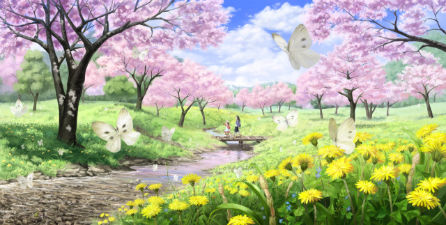 Park flowers trees stream people free wallpaper - medium preview image