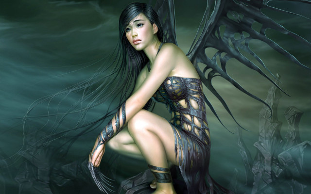 Woman dragon body wings kneeling #2 free wallpaper - medium preview image