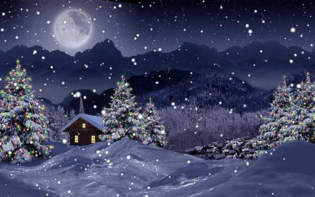 Snowy night cabin trees full free wallpaper - medium preview image