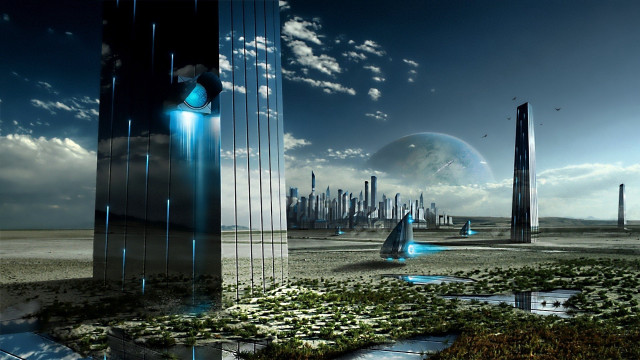 Futuristic city sky landscape blue free wallpaper - medium preview image