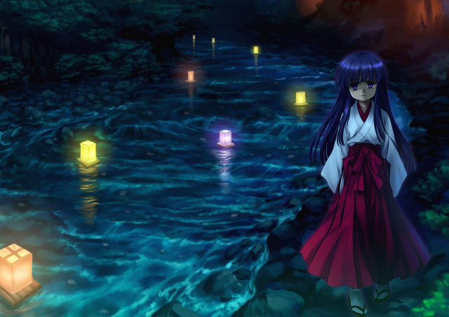Woman standing water lanterns floating free wallpaper - medium preview image
