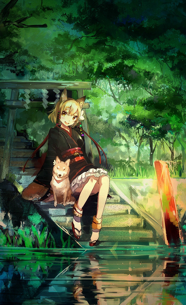 Woman bench dog forest cat free wallpaper - medium preview image
