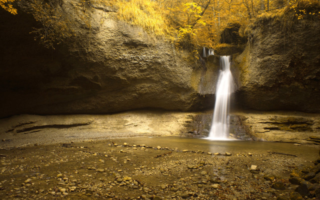 Waterfall cave pool yellow tree free wallpaper - medium preview image