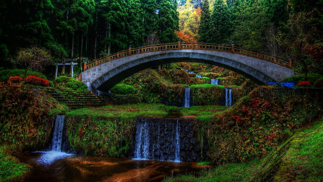 Bridge waterfall forest nature scenery free wallpaper - medium preview image