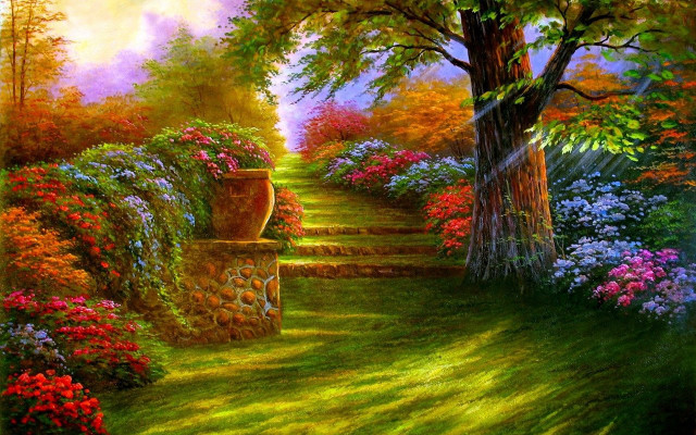 Garden flowers trees path bench free wallpaper - medium preview image