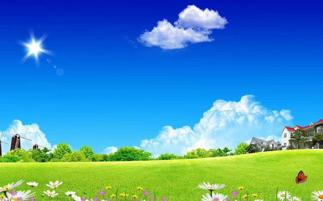 Green field house butterfly blue free wallpaper - medium preview image