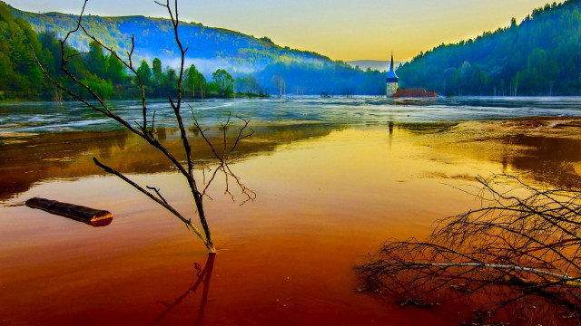 River boat trees mountain painting #2 free wallpaper - medium preview image