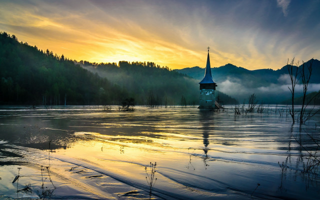 Church tower lake trees fog free wallpaper - medium preview image