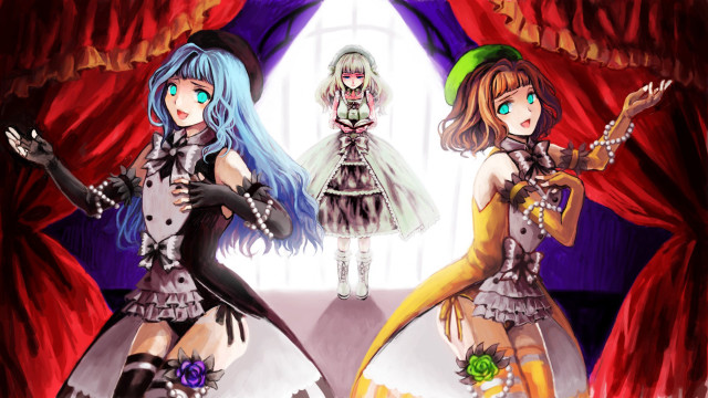 Anime girls red curtain green free wallpaper - medium preview image
