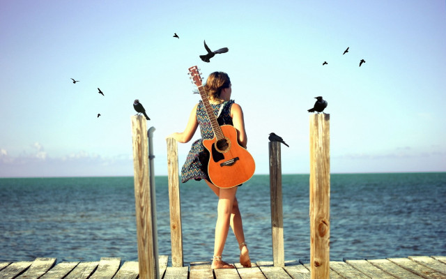 Woman dock guitar birds flying free wallpaper - medium preview image