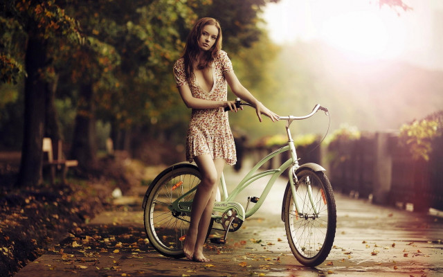 Woman dress bike path rain free wallpaper for desktop - medium preview image