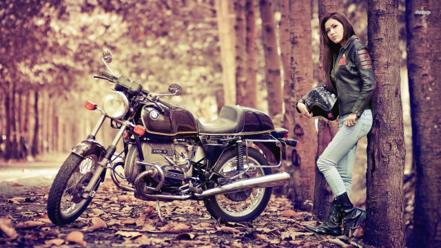 Woman leaning tree motorcycle woods free wallpaper - medium preview image