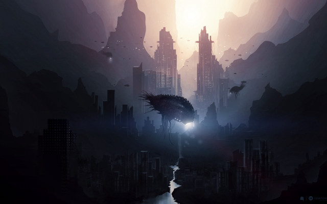 Futuristic city river bird nighttime free wallpaper - medium preview image