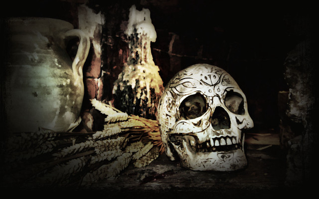 Skull vases table dark room free wallpaper - medium preview image