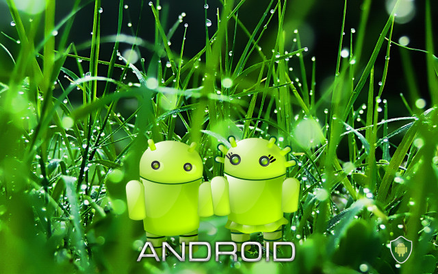 Two green androids sitting grass free wallpaper - medium preview image