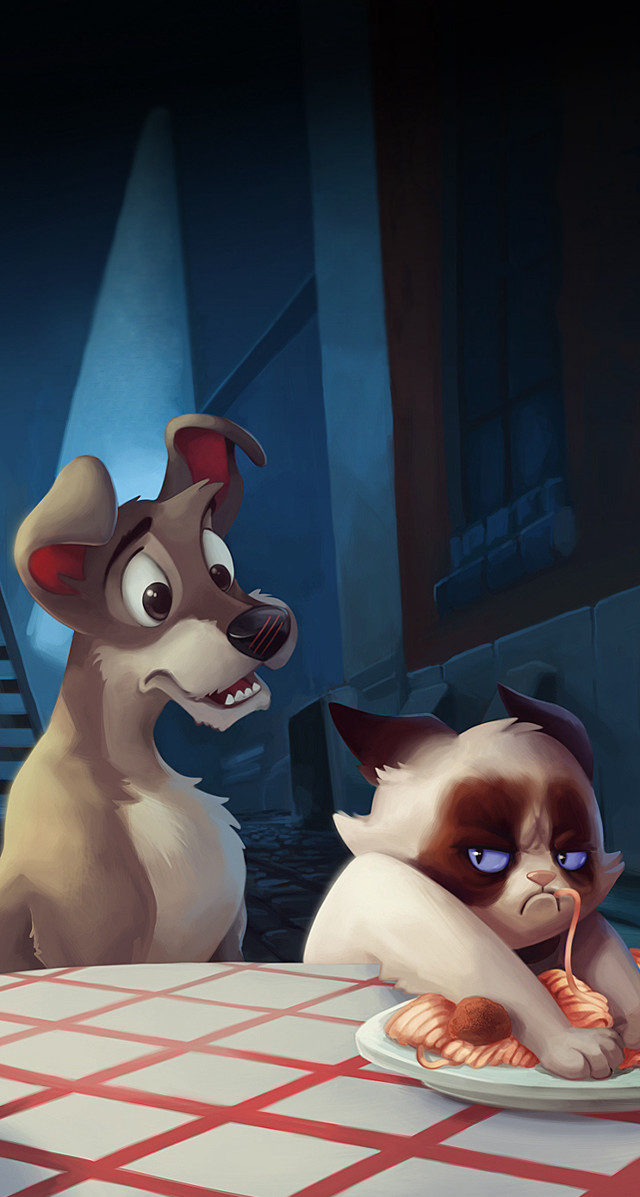 Cartoon dog cat eating food free wallpaper - medium preview image