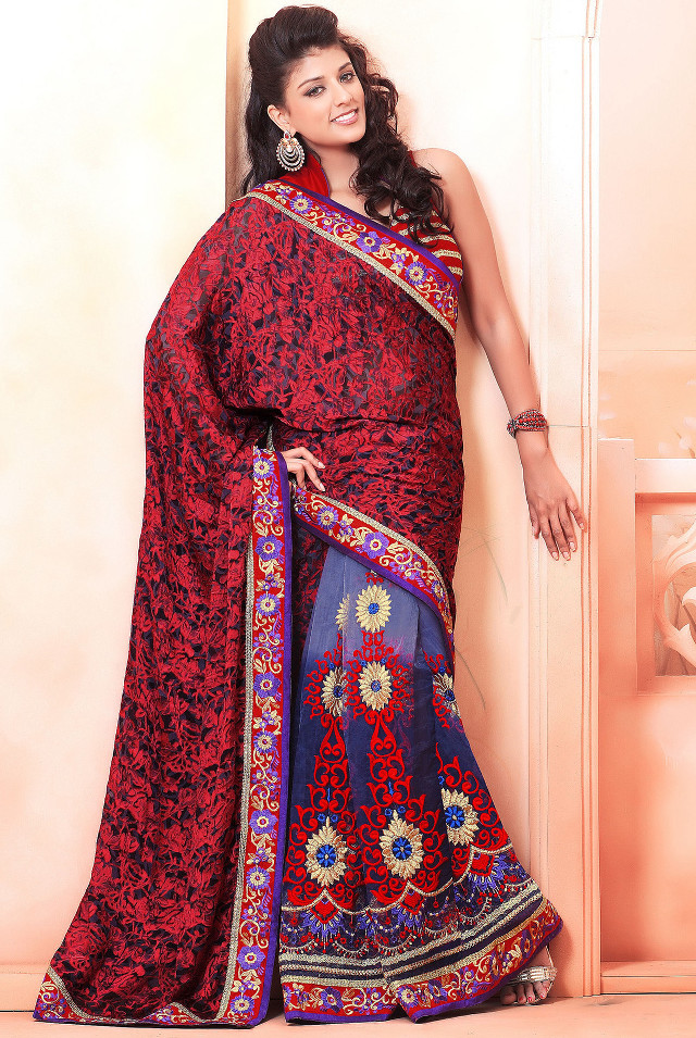 Woman red blue sari hands free wallpaper - medium preview image