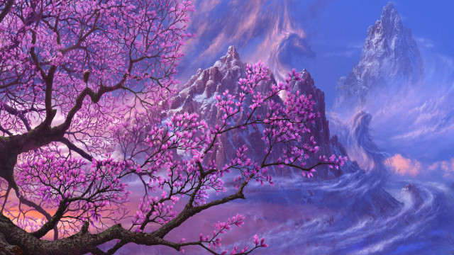 Mountain tree river background painting free wallpaper - medium preview image