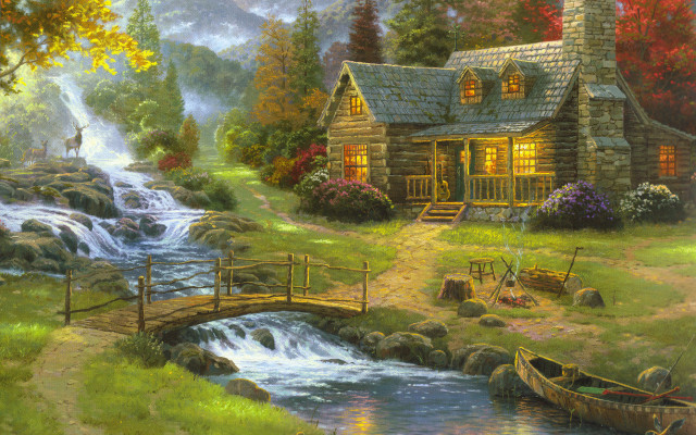 Cabin stream boat man bridge #2 free wallpaper - medium preview image