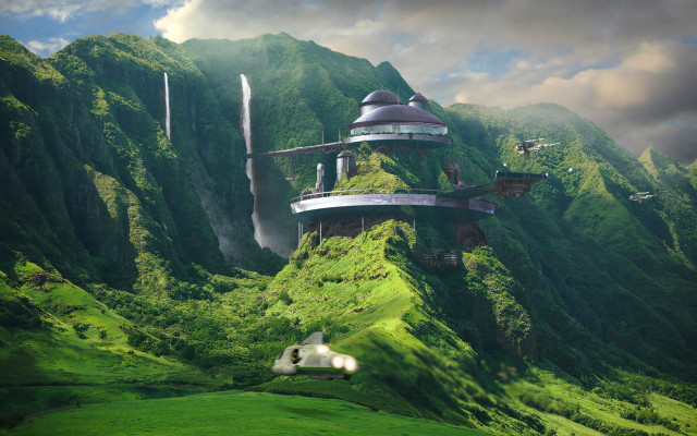 Futuristic building mountain waterfall horse free wallpaper - medium preview image