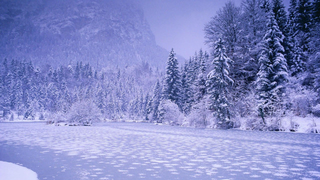Snowy landscape trees river mountain free wallpaper - medium preview image