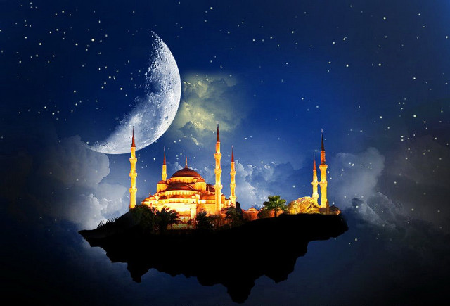 Mosque island sky crescent moon free wallpaper - medium preview image