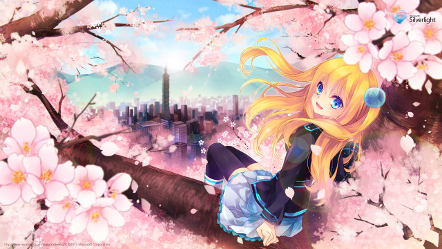 Girl branch flowers city skyscrapers free wallpaper - medium preview image