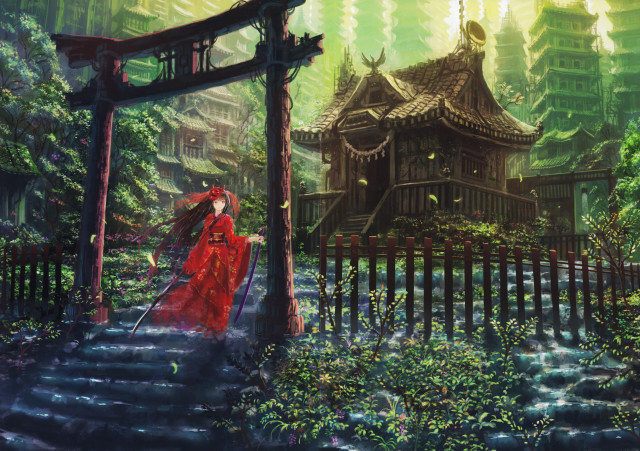 Woman red dress walking path free wallpaper - medium preview image