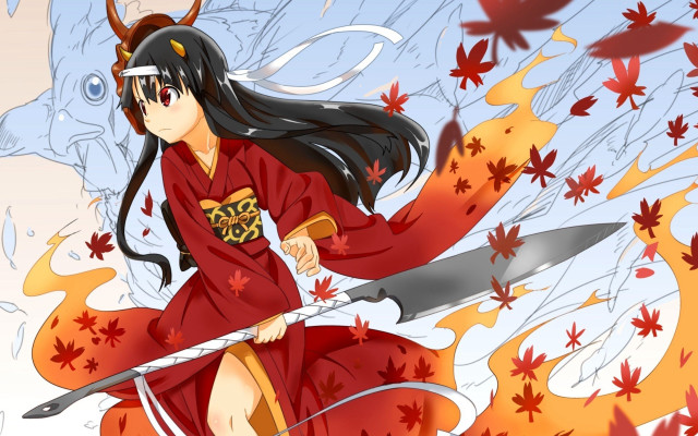 Woman red dress sword leaves free wallpaper - medium preview image
