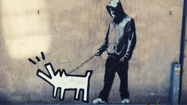 Man hoodie walking dog leash free wallpaper - medium preview image