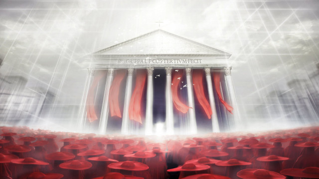 Building columns red flags sky free wallpaper - medium preview image