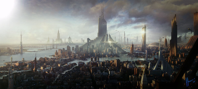 Futuristic city tall buildings water free wallpaper - medium preview image